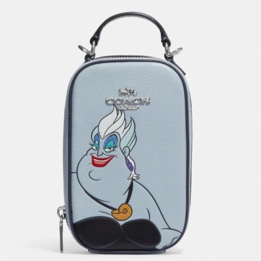 NWT Coach CC325 Disney X Coach Eva Phone Crossbody W/Ursula Motif Ice Blue Multi